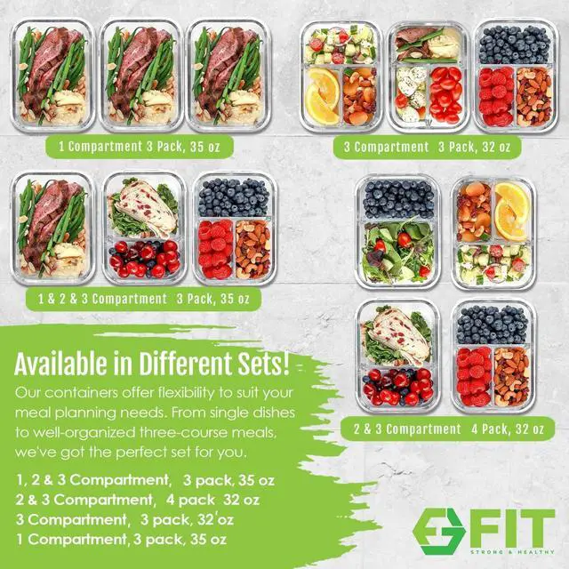 Alt view image 7 of 7 - Glass Meal Prep Containers, 2 & 3 Compartments - Portion Control, Lunch Container Set, Food Storage, Airtight Lids, Oven & Freezer Safe, Leak-Proof Bento Box, 32 oz, Blue, 4 Pack