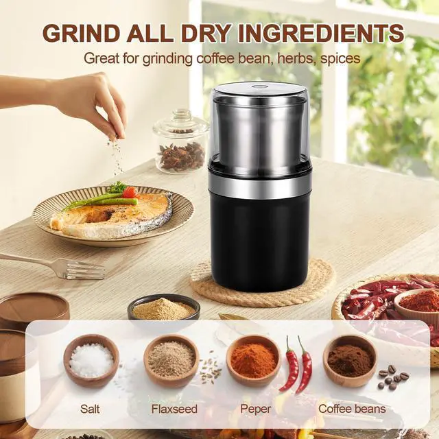 Alt view image 3 of 6 - Electric Coffee Grinder, Dual Stainless Steel Bowls for Beans Spices Nuts Wet&Dry Grinding 30000RPM Overheat Protection Compact for Kitchen Herbs Spices Nuts Grains Espresso