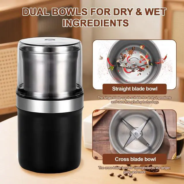 Alt view image 4 of 6 - Electric Coffee Grinder, Dual Stainless Steel Bowls for Beans Spices Nuts Wet&Dry Grinding 30000RPM Overheat Protection Compact for Kitchen Herbs Spices Nuts Grains Espresso