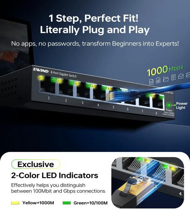 Alt view image 2 of 6 - 2025 Upgraded 8 Port Gigabit Ethernet Switch with Loop Prevention, Plug & Play Unmanaged Network Switch, Fanless Silent Operation, Desktop/Wall Mount Metal Ethernet Splitter