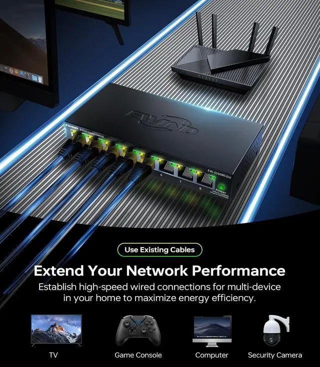 Alt view image 3 of 6 - 2025 Upgraded 8 Port Gigabit Ethernet Switch with Loop Prevention, Plug & Play Unmanaged Network Switch, Fanless Silent Operation, Desktop/Wall Mount Metal Ethernet Splitter