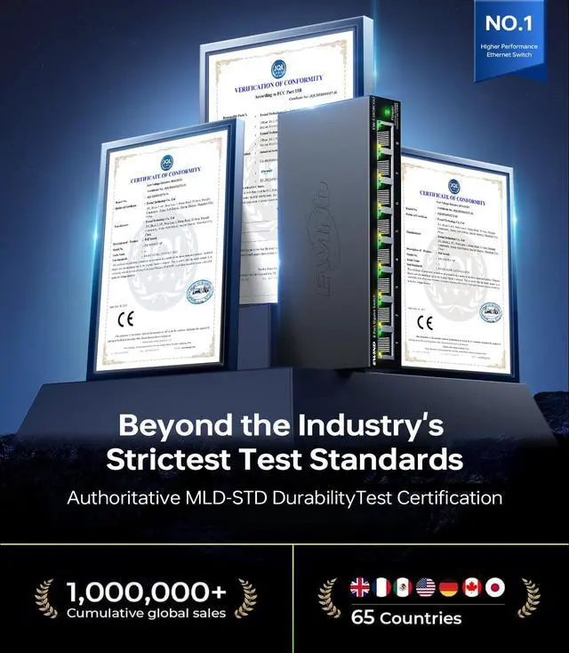 Alt view image 6 of 6 - 2025 Upgraded 8 Port Gigabit Ethernet Switch with Loop Prevention, Plug & Play Unmanaged Network Switch, Fanless Silent Operation, Desktop/Wall Mount Metal Ethernet Splitter