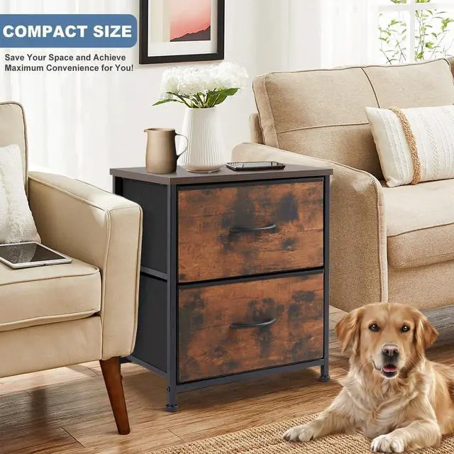 Alt view image 3 of 4 - Nightstand Small Dresser with 2 Fabric Drawers Side Bedroom End Table Kids Bedside Storage Furniture for 20 inch Tall Night Stand for Closet, Entryway, College Dorm, Rustic Brown