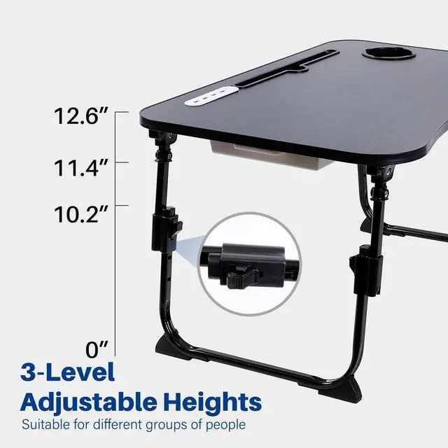 Alt view image 3 of 7 - Laptop Desk for Bed, Height Adjustable Laptop Bed Table, Foldable Portable Lap Desk Stand with USB/Storage Drawer/Cup Holder/Slot, Breakfast Tray for Working Reading Writing Eating