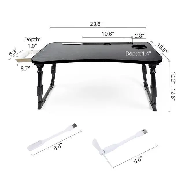 Alt view image 4 of 7 - Laptop Desk for Bed, Height Adjustable Laptop Bed Table, Foldable Portable Lap Desk Stand with USB/Storage Drawer/Cup Holder/Slot, Breakfast Tray for Working Reading Writing Eating
