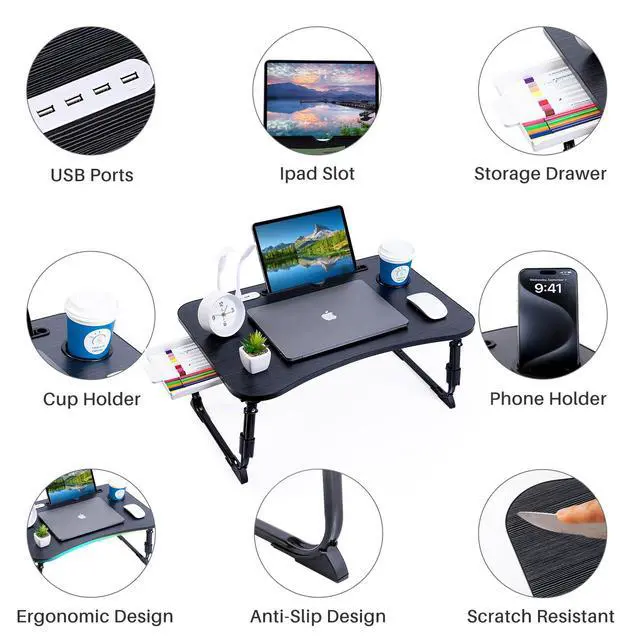 Alt view image 5 of 7 - Laptop Desk for Bed, Height Adjustable Laptop Bed Table, Foldable Portable Lap Desk Stand with USB/Storage Drawer/Cup Holder/Slot, Breakfast Tray for Working Reading Writing Eating