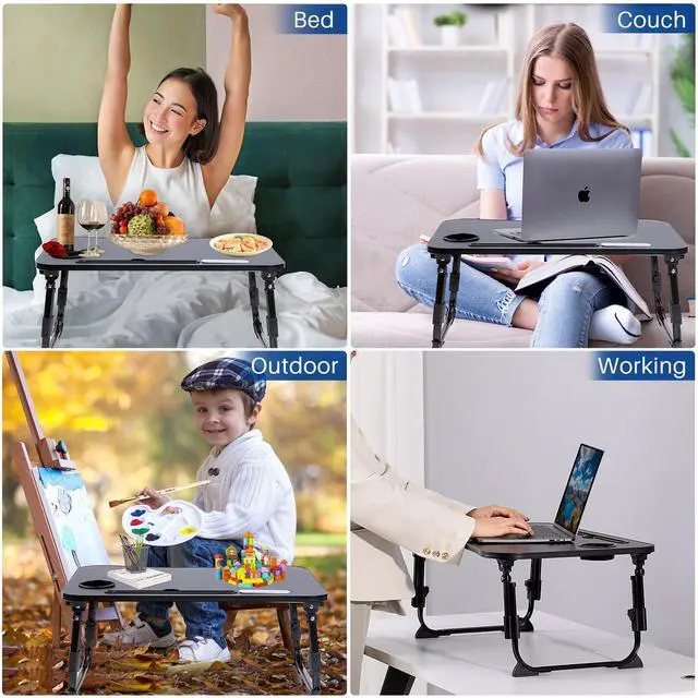 Alt view image 6 of 7 - Laptop Desk for Bed, Height Adjustable Laptop Bed Table, Foldable Portable Lap Desk Stand with USB/Storage Drawer/Cup Holder/Slot, Breakfast Tray for Working Reading Writing Eating