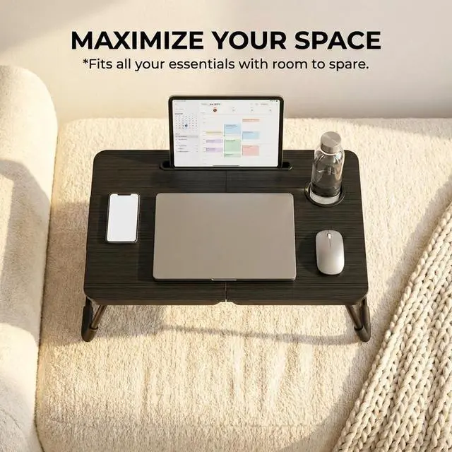 Alt view image 3 of 7 - Foldable Laptop Bed Desk for Couch, Sofa - Large Lap Desk Tray Table with Cup Holder and Tablet Slot - Portable Notebook Stand for Eating, Writing, Studying and WFH (Black)- USA Original Patent