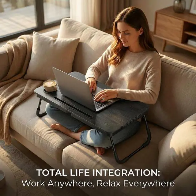 Alt view image 4 of 7 - Foldable Laptop Bed Desk for Couch, Sofa - Large Lap Desk Tray Table with Cup Holder and Tablet Slot - Portable Notebook Stand for Eating, Writing, Studying and WFH (Black)- USA Original Patent