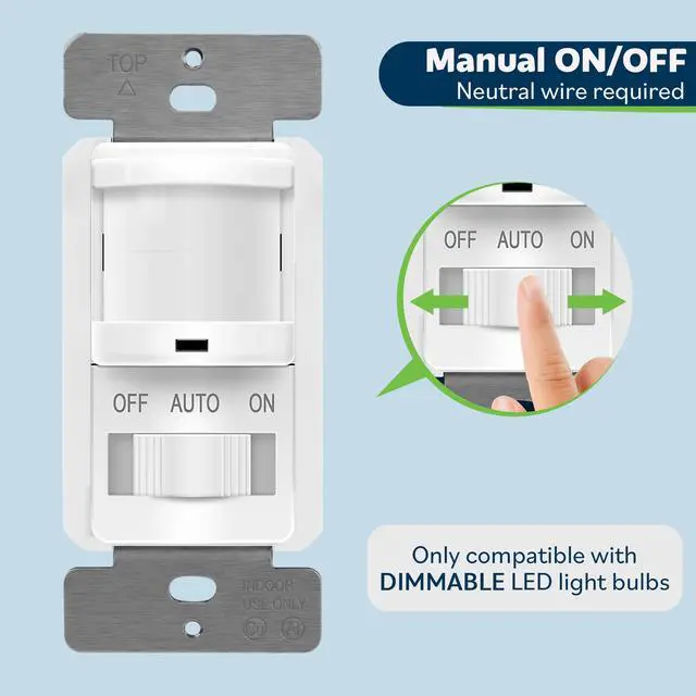 Alt view image 6 of 7 - In-Wall PIR Motion Sensor Light Switch, Single Pole Occupancy Sensor Switch, Motion Sensor Switch, Need Neutral Wire, Wall Plate Included, On/Off Override, 4A, 500W, TSOS5-W, White, 2 Pack
