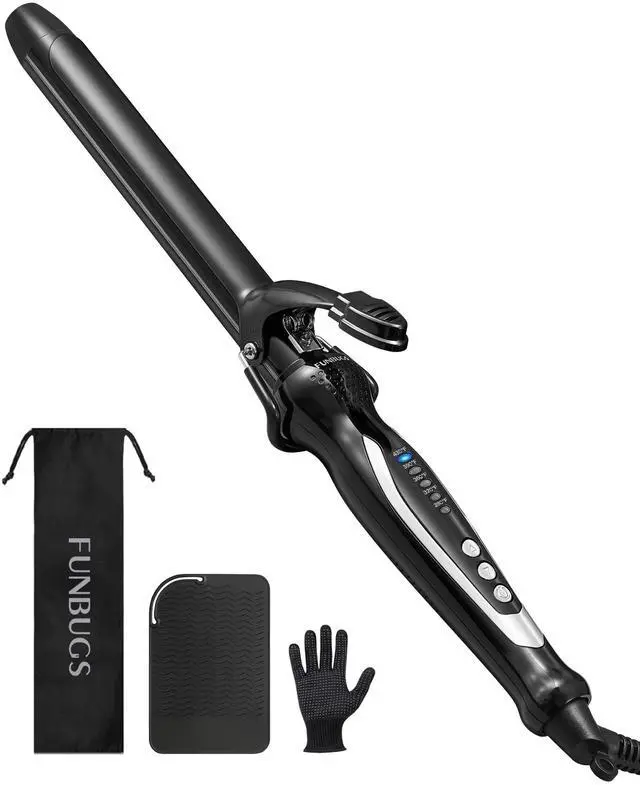 Main image of 1'' Double Ceramic Long Barrel Curling Iron - 8'' Extended Wand | 5 Heat Settings | Dual Voltage | Auto Shut-Off | Anti-Slip Styling for Long Hair (Bag, Mat, Glove)
