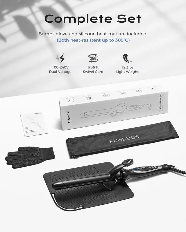 Alt view image 2 of 7 - 1'' Double Ceramic Long Barrel Curling Iron - 8'' Extended Wand | 5 Heat Settings | Dual Voltage | Auto Shut-Off | Anti-Slip Styling for Long Hair (Bag, Mat, Glove)