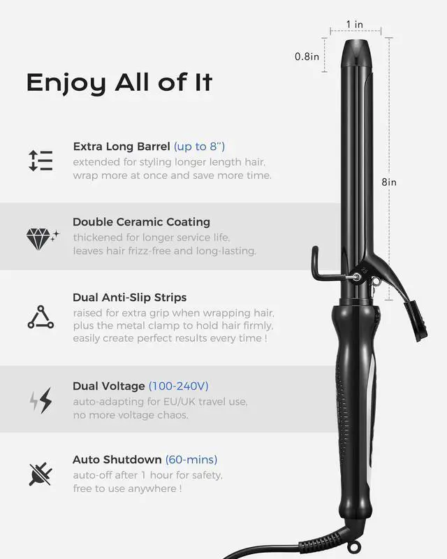 Alt view image 3 of 7 - 1'' Double Ceramic Long Barrel Curling Iron - 8'' Extended Wand | 5 Heat Settings | Dual Voltage | Auto Shut-Off | Anti-Slip Styling for Long Hair (Bag, Mat, Glove)