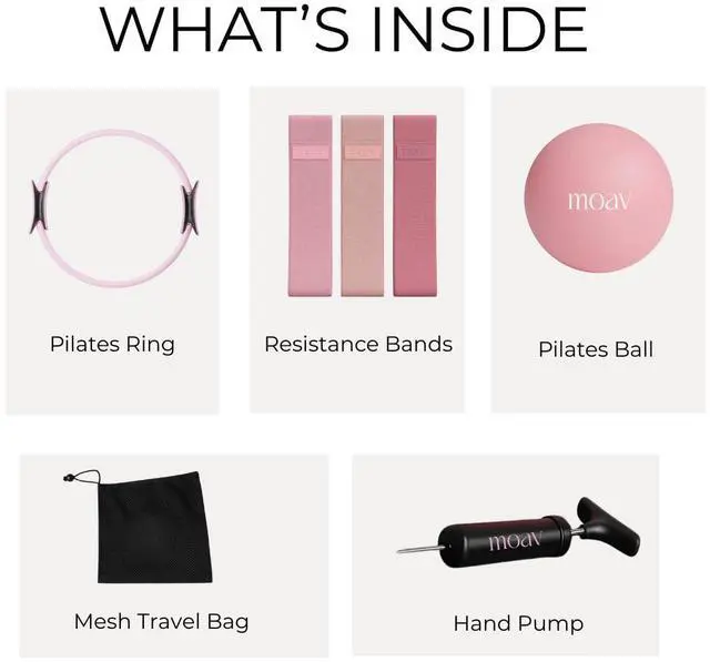 Alt view image 2 of 7 - Premium Pilates Essentials Kit - 14" Ring with Cushioned Handles, Mini Ball with Pump, & 3 Durable Fabric Resistance Bands for Full Body Home Workouts (Rosè)