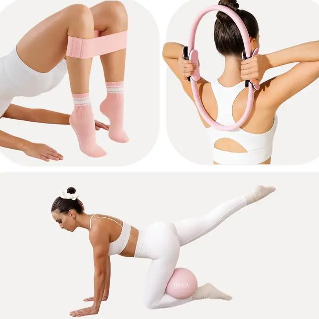 Alt view image 5 of 7 - Premium Pilates Essentials Kit - 14" Ring with Cushioned Handles, Mini Ball with Pump, & 3 Durable Fabric Resistance Bands for Full Body Home Workouts (Rosè)