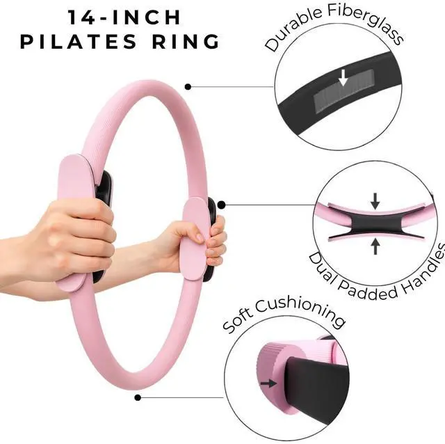 Alt view image 6 of 7 - Premium Pilates Essentials Kit - 14" Ring with Cushioned Handles, Mini Ball with Pump, & 3 Durable Fabric Resistance Bands for Full Body Home Workouts (Rosè)