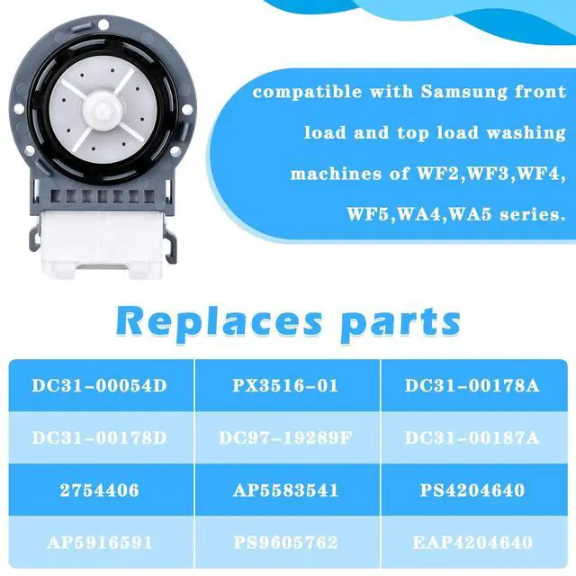 Alt view image 3 of 6 - New Washer Drain Pump DC31-00054D DC31-00187A PX3516-01 for Samsung | Washing Machine Models in the WA4, WA5, WF2, WF3, WF4, and WF5 series by
