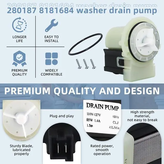 Alt view image 3 of 7 - 280187 8181684 Washer Drain Pump Motor Askoll m75 Fit for Whirlpool Duet May.tag Ken.more Washing Machines Replaces 285998,8182819,8182821,AP3953640