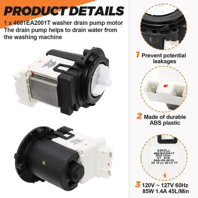 Alt view image 2 of 6 - 4681EA2001T Washer Drain Pump OEM Motor Replace for Kenmore & LG Washing Machine Replacement AP5328388 4681EA1007G 4681EA1007D Fit for Drain Pump Washing Machine WM2101HW WM3270CW WM3431HS WM3770HVA