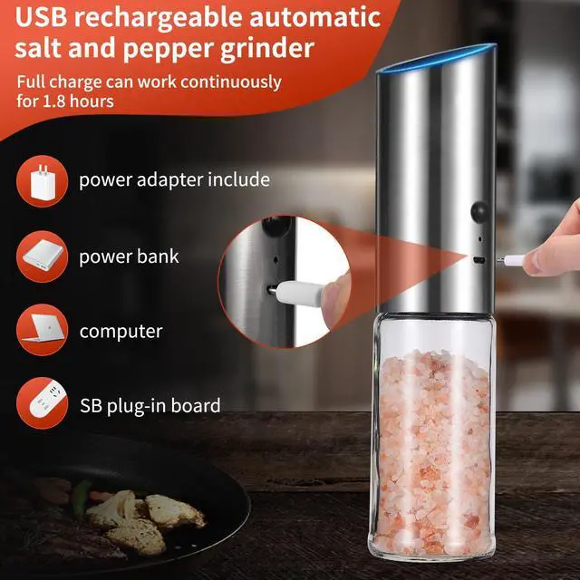 Alt view image 2 of 7 - Electric Salt and Pepper Grinder Set - USB Rechargeable Gravity Salt and Pepper Shakers, Automatic Glass Mill with Adjustable Coarseness, LED Light, One-Hand Operation for Kitchen & Dining