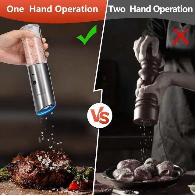 Alt view image 3 of 7 - Electric Salt and Pepper Grinder Set - USB Rechargeable Gravity Salt and Pepper Shakers, Automatic Glass Mill with Adjustable Coarseness, LED Light, One-Hand Operation for Kitchen & Dining