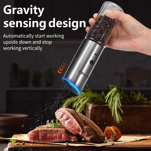 Alt view image 4 of 7 - Electric Salt and Pepper Grinder Set - USB Rechargeable Gravity Salt and Pepper Shakers, Automatic Glass Mill with Adjustable Coarseness, LED Light, One-Hand Operation for Kitchen & Dining