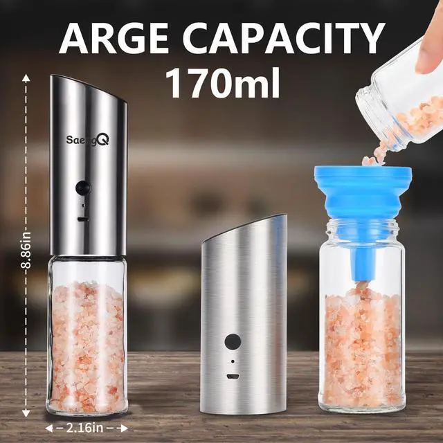 Alt view image 6 of 7 - Electric Salt and Pepper Grinder Set - USB Rechargeable Gravity Salt and Pepper Shakers, Automatic Glass Mill with Adjustable Coarseness, LED Light, One-Hand Operation for Kitchen & Dining