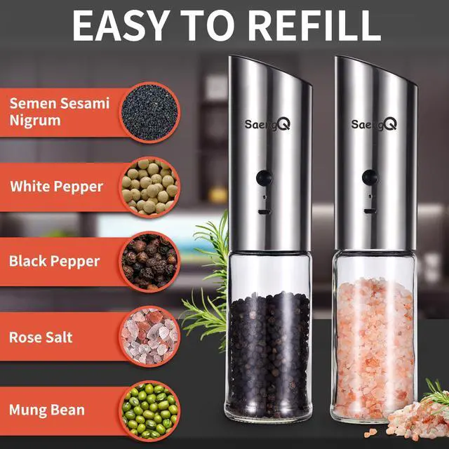 Alt view image 7 of 7 - Electric Salt and Pepper Grinder Set - USB Rechargeable Gravity Salt and Pepper Shakers, Automatic Glass Mill with Adjustable Coarseness, LED Light, One-Hand Operation for Kitchen & Dining