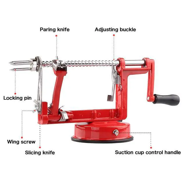 Alt view image 2 of 6 - Apple Peeler, Slicer Corer Potato Peelers 3 In 1, Stainless Steel Heavy Duty Suction Cup Base And 7 Extra Blades (Red)