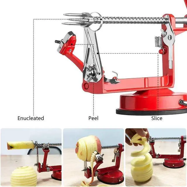 Alt view image 4 of 6 - Apple Peeler, Slicer Corer Potato Peelers 3 In 1, Stainless Steel Heavy Duty Suction Cup Base And 7 Extra Blades (Red)