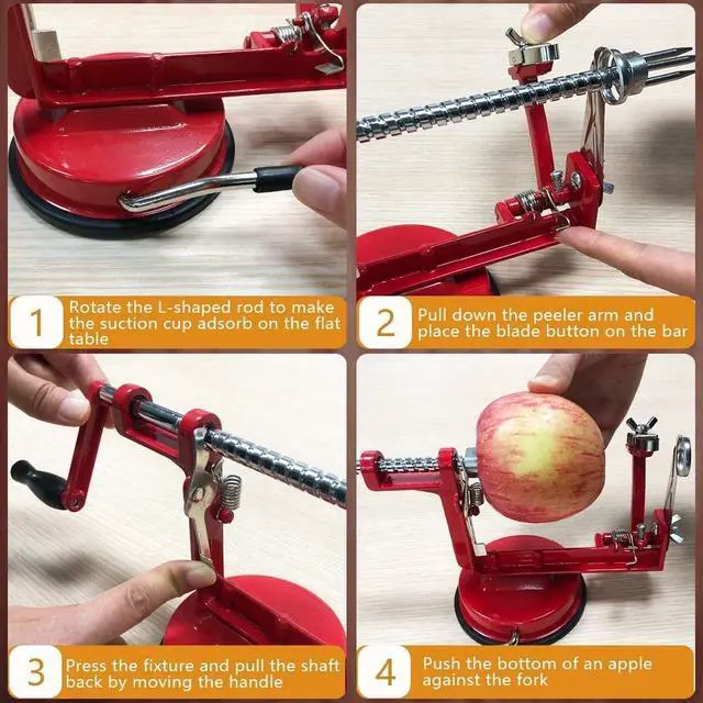 Alt view image 5 of 6 - Apple Peeler, Slicer Corer Potato Peelers 3 In 1, Stainless Steel Heavy Duty Suction Cup Base And 7 Extra Blades (Red)