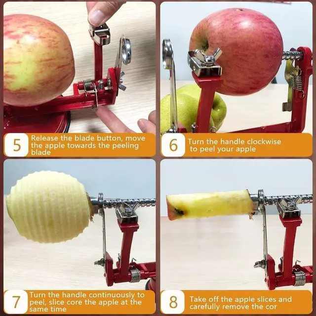 Alt view image 6 of 6 - Apple Peeler, Slicer Corer Potato Peelers 3 In 1, Stainless Steel Heavy Duty Suction Cup Base And 7 Extra Blades (Red)