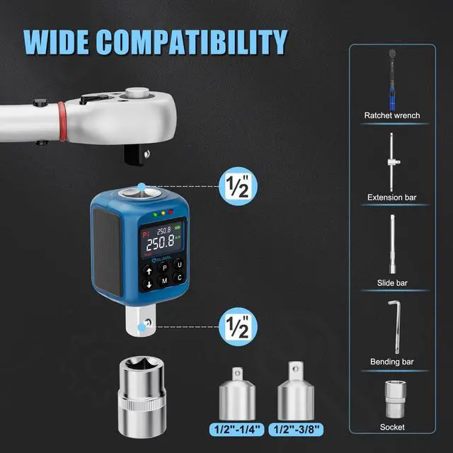 Alt view image 5 of 7 - Digital Torque Adapter 1/2", 3.7-250.8 Ft-lb/5-340 Nm, Digital Torque Wrench Converter with ±2% Accuracy, Buzzer and LED Indicator, 2 Modes, 4 Units, 3/8'' & 1/4'' Adapters for Car, Moto