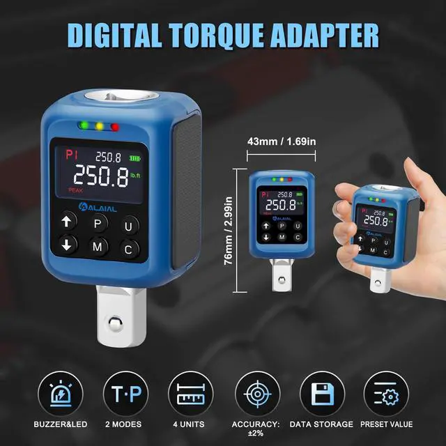 Alt view image 2 of 7 - Digital Torque Adapter 1/2", 3.7-250.8 Ft-lb/5-340 Nm, Digital Torque Wrench Converter with ±2% Accuracy, Buzzer and LED Indicator, 2 Modes, 4 Units, 3/8'' & 1/4'' Adapters for Car, Moto