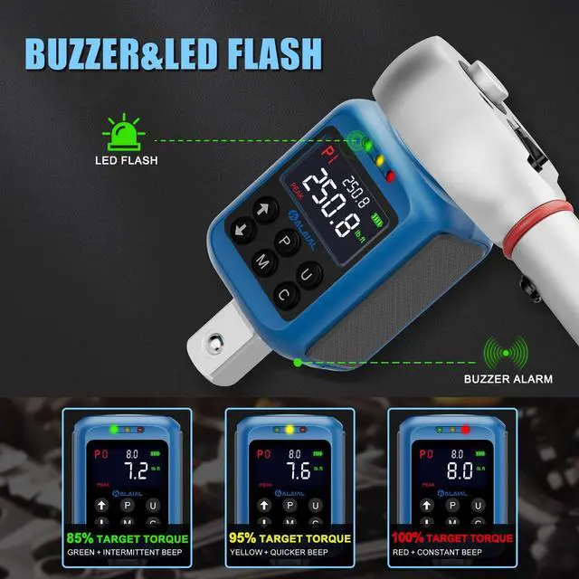 Alt view image 4 of 7 - Digital Torque Adapter 1/2", 3.7-250.8 Ft-lb/5-340 Nm, Digital Torque Wrench Converter with ±2% Accuracy, Buzzer and LED Indicator, 2 Modes, 4 Units, 3/8'' & 1/4'' Adapters for Car, Moto