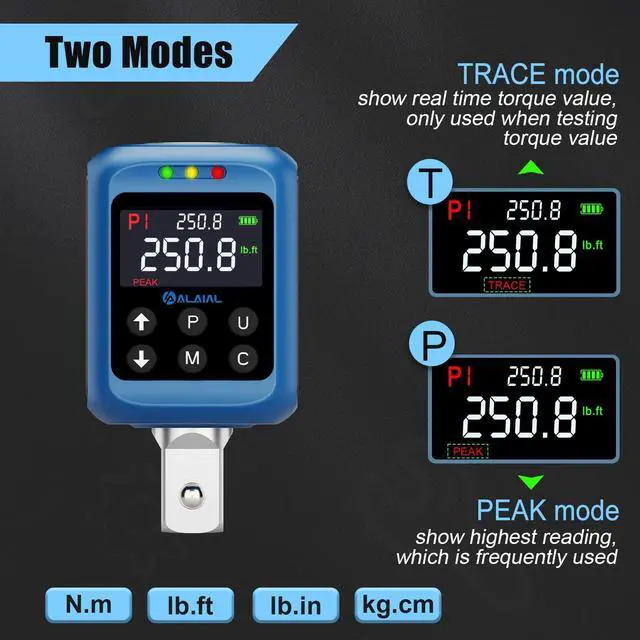 Alt view image 3 of 7 - Digital Torque Adapter 1/2", 3.7-250.8 Ft-lb/5-340 Nm, Digital Torque Wrench Converter with ±2% Accuracy, Buzzer and LED Indicator, 2 Modes, 4 Units, 3/8'' & 1/4'' Adapters for Car, Moto