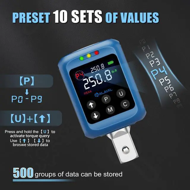 Alt view image 6 of 7 - Digital Torque Adapter 1/2", 3.7-250.8 Ft-lb/5-340 Nm, Digital Torque Wrench Converter with ±2% Accuracy, Buzzer and LED Indicator, 2 Modes, 4 Units, 3/8'' & 1/4'' Adapters for Car, Moto