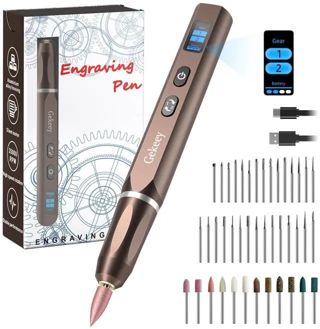 Main image of Electric Engraving Pen, Cordless Rechargeable Mini Rotary Tool with 42 Bits, Aluminum Body, Variable Speed, Portable Engraver Pen for Metal Wood Glass and Plastic, Brown