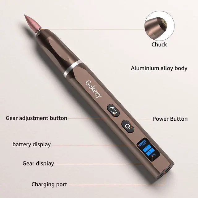 Alt view image 3 of 7 - Electric Engraving Pen, Cordless Rechargeable Mini Rotary Tool with 42 Bits, Aluminum Body, Variable Speed, Portable Engraver Pen for Metal Wood Glass and Plastic, Brown