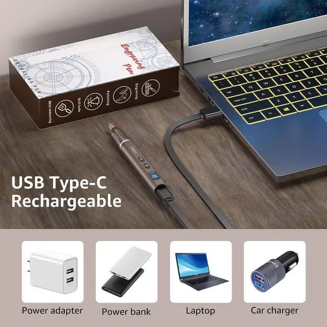 Alt view image 6 of 7 - Electric Engraving Pen, Cordless Rechargeable Mini Rotary Tool with 42 Bits, Aluminum Body, Variable Speed, Portable Engraver Pen for Metal Wood Glass and Plastic, Brown