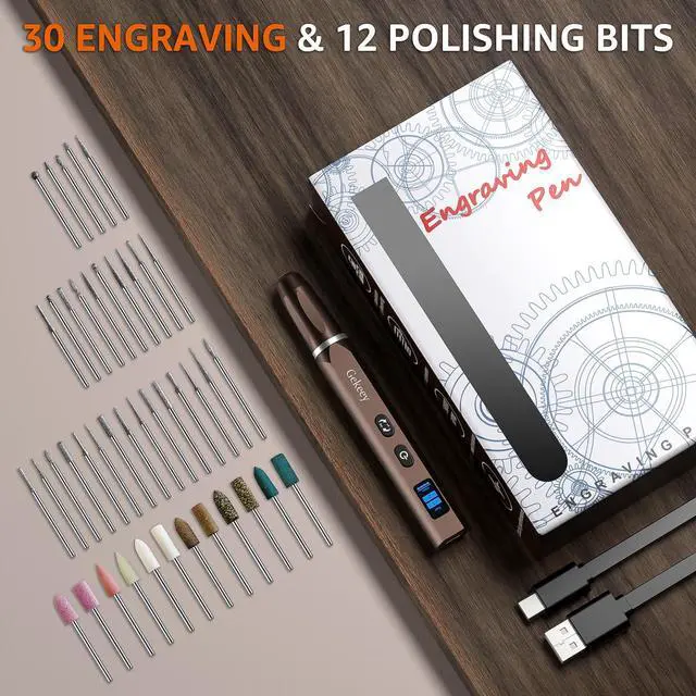 Alt view image 7 of 7 - Electric Engraving Pen, Cordless Rechargeable Mini Rotary Tool with 42 Bits, Aluminum Body, Variable Speed, Portable Engraver Pen for Metal Wood Glass and Plastic, Brown