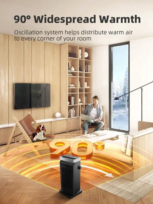 Alt view image 4 of 7 - Space Heater for Indoor Use, 1500W Fast Heating Electric Heater with Thermostat, 90°Oscillating PTC Ceramic Heater, 24H Timer