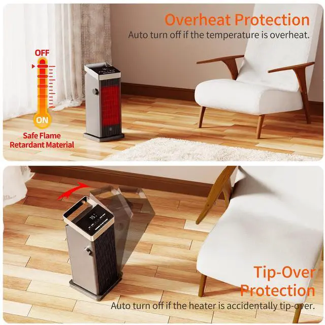 Alt view image 5 of 7 - Space Heater for Indoor Use, 1500W Fast Heating Electric Heater with Thermostat, 90°Oscillating PTC Ceramic Heater, 24H Timer