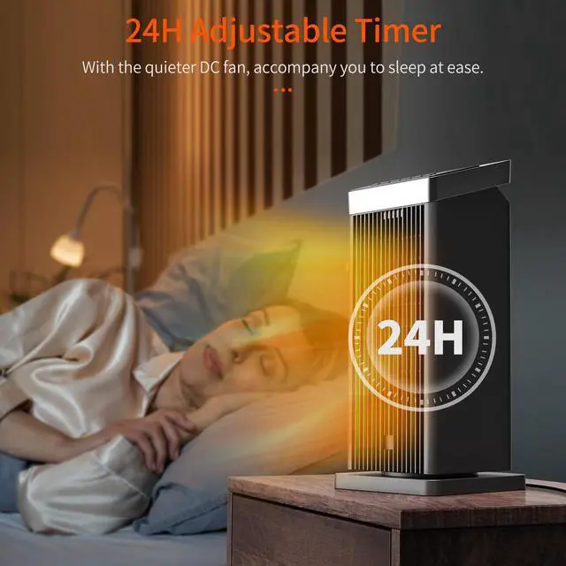 Alt view image 6 of 7 - Space Heater for Indoor Use, 1500W Fast Heating Electric Heater with Thermostat, 90°Oscillating PTC Ceramic Heater, 24H Timer