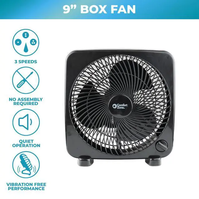 Alt view image 2 of 7 - 9-inch Portable Box Fan Compact Desktop Cooling Fan with 3-Speeds, Quiet Operation, Built-in Carry Handle & Safety Grill ETL Listed for Home, Office, or Dorm Black