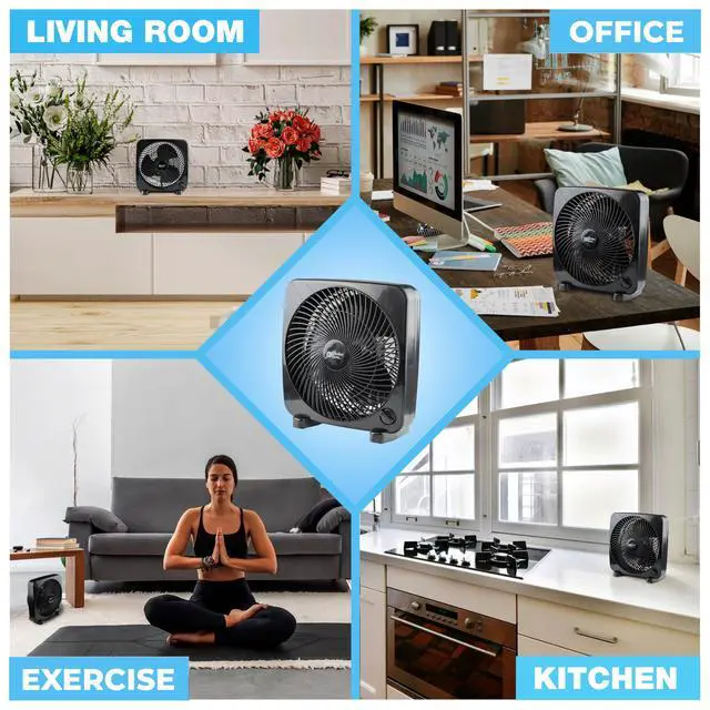 Alt view image 6 of 7 - 9-inch Portable Box Fan Compact Desktop Cooling Fan with 3-Speeds, Quiet Operation, Built-in Carry Handle & Safety Grill ETL Listed for Home, Office, or Dorm Black