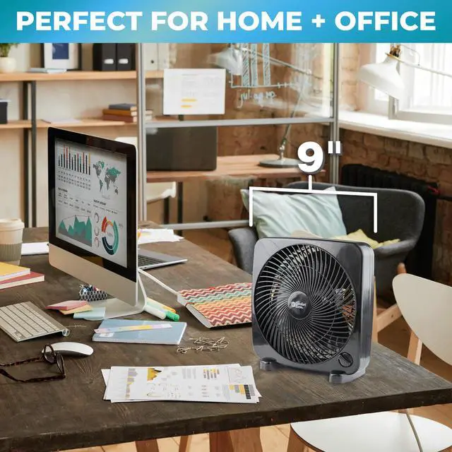 Alt view image 5 of 7 - 9-inch Portable Box Fan Compact Desktop Cooling Fan with 3-Speeds, Quiet Operation, Built-in Carry Handle & Safety Grill ETL Listed for Home, Office, or Dorm Black