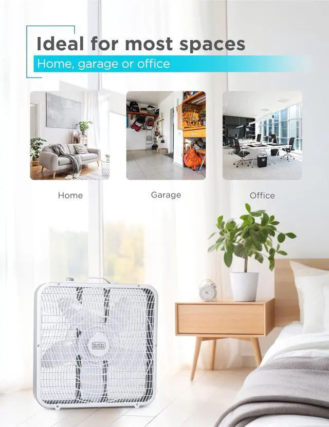 Alt view image 6 of 7 - Box Fan with 3 Speed Settings, 20 Box Fan with Carrying Handle, Rotary Knob and Recessed Cord Storage, Portable Fan and Cooling Fan for Home, Office, Garage, Basement & More