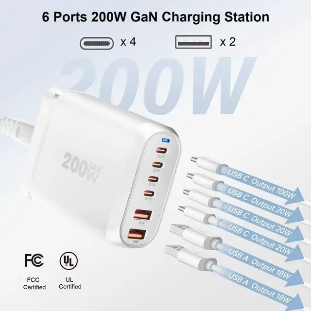 Alt view image 2 of 7 - 200W USB C Charger, 6 Ports USB C Fast Charging Station, GaN III PD QC Desktop Charger Block for Multiple Devices, Compatible with MacBook, DELL, Tablet iPad, iPhone, Samsung Galaxy, White