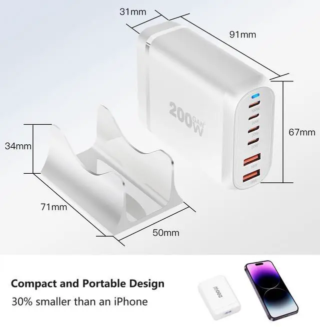 Alt view image 5 of 7 - 200W USB C Charger, 6 Ports USB C Fast Charging Station, GaN III PD QC Desktop Charger Block for Multiple Devices, Compatible with MacBook, DELL, Tablet iPad, iPhone, Samsung Galaxy, White